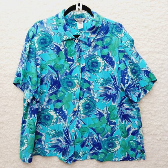 Stonebridge Tops - Blouse Blue Floral MOP Button Tropical Coastal Cool Hibiscus Plumeria Cruise 1X